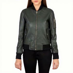 <b>Womens</b> Real Olive Green Leather Bomber <b>Jacket</b> Rib Knit Collar Zip Front Sleeve Pocket Custom <b>Winter</b> <b>Warm</b> Outerwear Ladies - Product Image 1