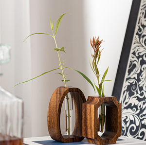Support de vase en <span class=keywords><strong>bois</strong></span> créatif avec tube en verre ou en acrylique, pot hydroponique pour arrangement floral de bureau, décoration rustique pour la maison - Product Image 5