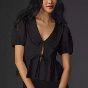 Chemise Ohsisa 2025 pour femme, nouvelle collection printemps-été, motif à pois, carreaux et couleur unie, manches courtes, col Claudine à lacets - Product Image 4
