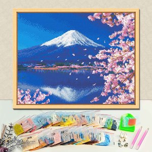 Kit de peinture diamant Paysage du Mont Fuji avec cerisiers en fleurs, art imprimé avec diamants ronds, avec cadre, forme rectangulaire, décoration murale DIY - Product Image 1
