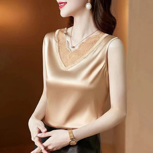White Lace V-Neck Sleeveless Camisole For Women Summer Solid Color Splicing Base Layer Top Micro Elasticity Polyester Fabric - Product Image 2