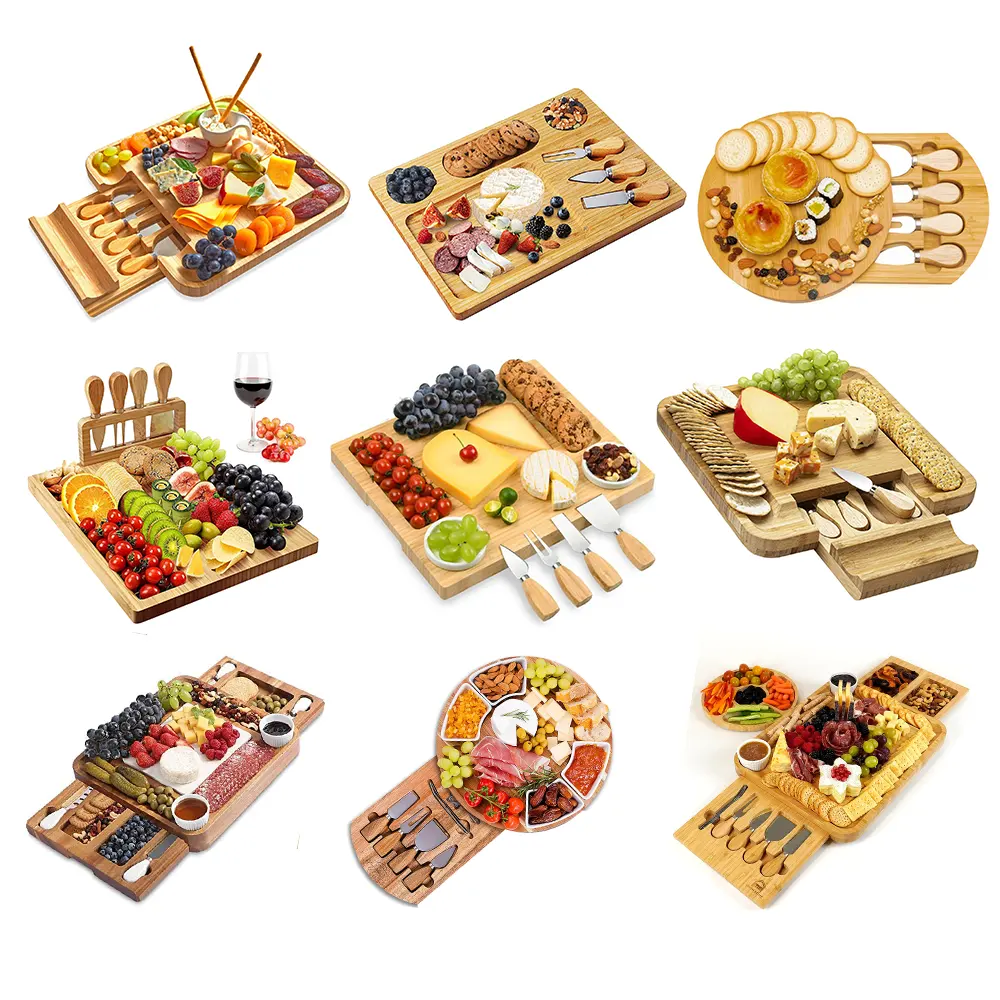 wholesale custom Square round circle bamboo acacia wood wooden cheese board and knife set