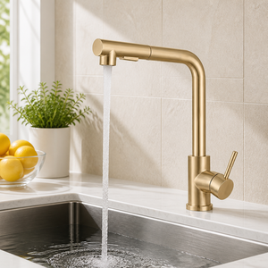 Robinet de cuisine extractible moderne en acier inoxydable SUS304 doré brossé, mitigeur d'évier à poignée unique et double mode - Product Image 4