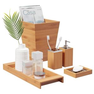 5-Piece Set Luxury Bamboo Bath Accessories Wholesale Set Lotion Dispenser, Soap Dish, Toothbrush Holder, Wastebasket
