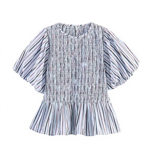 Chemisiers décontractés chic à rayures et col rond pour femmes, en polyester respirant, style vintage, manches courtes, collection été 2026 - Product Image 3