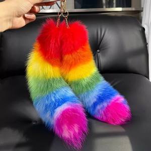 โซ่กุญแจหางยาวขนปุยธรรมชาติแฟชั่นหางจิ้งจอกแท้ห้อยหางนางฟ้าสีรุ้งสำหรับกระเป๋าเสน่ห์ - Product Image 1