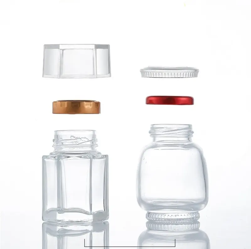 Alta qualidade 80ml 180ml 1.5oz hexágono mini vidro, frasco de madeira, tampa de ouro, pingentes de abelha para chá de bebê