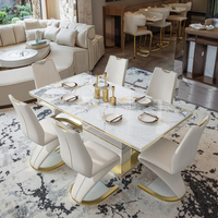 Ensemble de table à manger moderne de luxe 6 places en marbre, siège en pierre frittée, verre et métal pour la maison, l'hôtel, la cuisine, le restaurant, meubles
