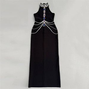 Robe longue noire à perles pour femme - Robe de soirée formelle ornée de cristaux et de perles, robes de fête tendance - Product Image 5