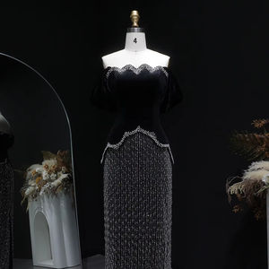 Lujo negro con cuentas vestido de noche fuera del hombro hendidura elegante árabe fiesta vestidos de graduación para mujeres Lsz615 - Product Image 6