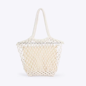 New Simple Hand-Woven Two-Strap Zip Closure Canvas Women's Beach Vacation Daily Leisure Cotton Rope <b>Net</b> Pocket <b>Bag</b> Tanjing - Product Image 6