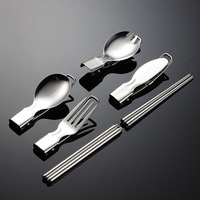 Couverts pliables écologiques classiques en acier inoxydable argenté (couteau, fourchette, cuillère, baguettes) pour pique-nique et voyage en plein air, avec étui en tissu
