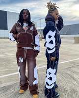 Conjunto de sudadera y pantalones deportivos con parche desgastado lavado con ácido, ropa de calle con media cremallera y logotipo bordado personalizado