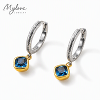 Boucles d'oreilles pendantes Mylove en laiton plaqué or 18 carats et argent, bicolores texturées avec zircon bleu CZ pour femmes