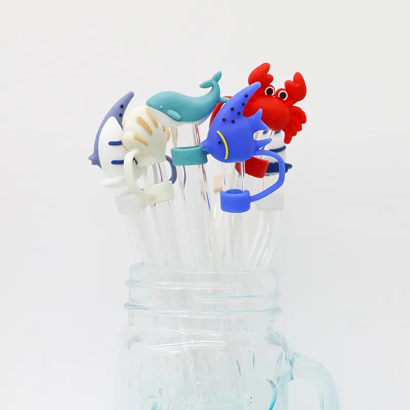 Venta al por mayor océano animal 3D dibujos animados BPA cubiertas de pajita de silicona completa toppes de silicona gorras sombrero para vaso de taza