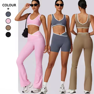 <span class=keywords><strong>Ensemble</strong></span> de <span class=keywords><strong>Sport</strong></span> et Yoga Côtelé pour <span class=keywords><strong>Femme</strong></span> : Soutien-Gorge de <span class=keywords><strong>Sport</strong></span> Col V à Bordure Contrastante / Crop Top / Legging Évasé / <span class=keywords><strong>Short</strong></span> Cycliste – Contrôle Ventre - Product Image 2