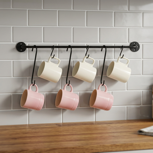 Support mural en métal pour tasses avec 6 crochets pour rangement de cuisine, design minimaliste, finition peinture cuite durable, à un seul niveau - Product Image 4