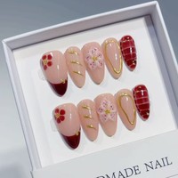 TSZS Faux ongles à presser courts en amande faits main, avec motifs 3D fleur blanche, nœud en alliage et perles, réutilisables et portables