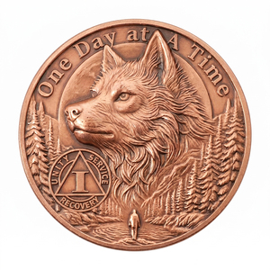 Moneta da collezione rotonda da 1 oz in rame puro .999, stampata UV, con citazione '<span class=keywords><strong>One</strong></span> Day at a Time', 'Lupo' e 'Coraggio', a doppia faccia, serie 'Sobriety Bullion' - Product Image 2