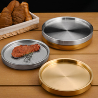 Assiettes plates à double couche à fond plat, plateau de buffet pour hotpot et barbecue, assiette ronde en acier inoxydable pour restaurant et hôtel