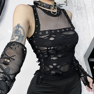 Top a Canotta Gotico Punk da Donna Nero con Tessuto Dobby in Poliestere Spandex e Occhielli Metallici per Club, Festival e Streetwear - Product Image 3