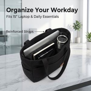 Large Capacity Black Canvas Tote Two Handles Multiple Pockets Casual Shoulder <b>Bag</b> Leather Label Reusable <b>Work</b> Portable - Product Image 2