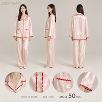 Ensemble deux pièces rose aspect satiné pour femme, pyjama à manches longues et boutons sur le devant, vêtements de détente, fabricant OEM personnalisé