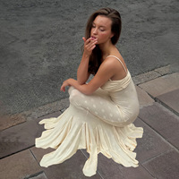 Robe longue d'été sexy à bretelles, robe beige en jacquard, sans manches, dos nu