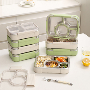 Acero inoxidable 304 a prueba de fugas al por mayor enfriador de grado alimenticio caja Bento de almacenamiento cajas de almuerzo contenedor inox con 4 compartimentos - Product Image 1