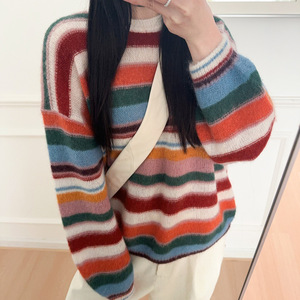 BS26 Early Spring Dopamine Contrast Striped Wool Mohair Blend Color Matching Pullover Sweater <strong>Top</strong> Women's Full Sleeve <strong>Rainbow</strong> - Product Image 3