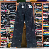 Jean cargo droit en denim à sequins taille mi-haute pour femme, style streetwear, toutes saisons, séchage rapide, en Spandex/Coton