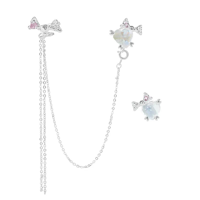 Moonstone Fold Candy Pink Heart Bowknot Tassel Zircon Designs Earring Ear Bone Clip for Women Gift Party Fashion Jewelry Trendy