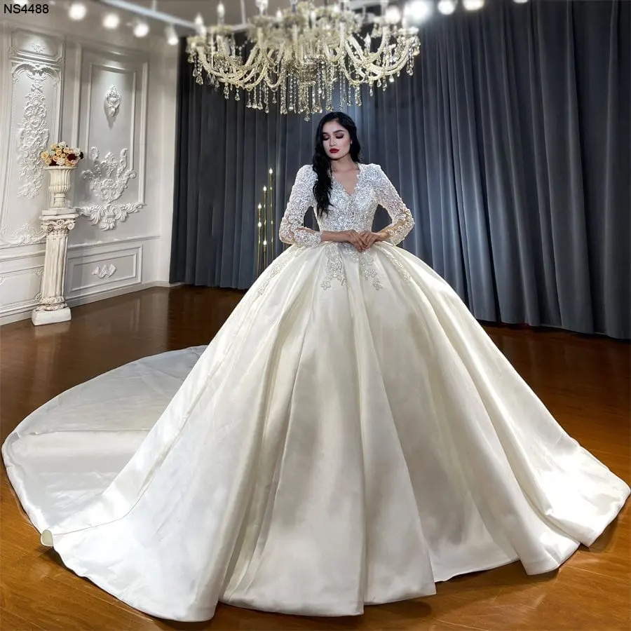 Jancember NS4488 Luxury Fashion Soft Satin Princess Bridal Ball Gown Wedding Dress