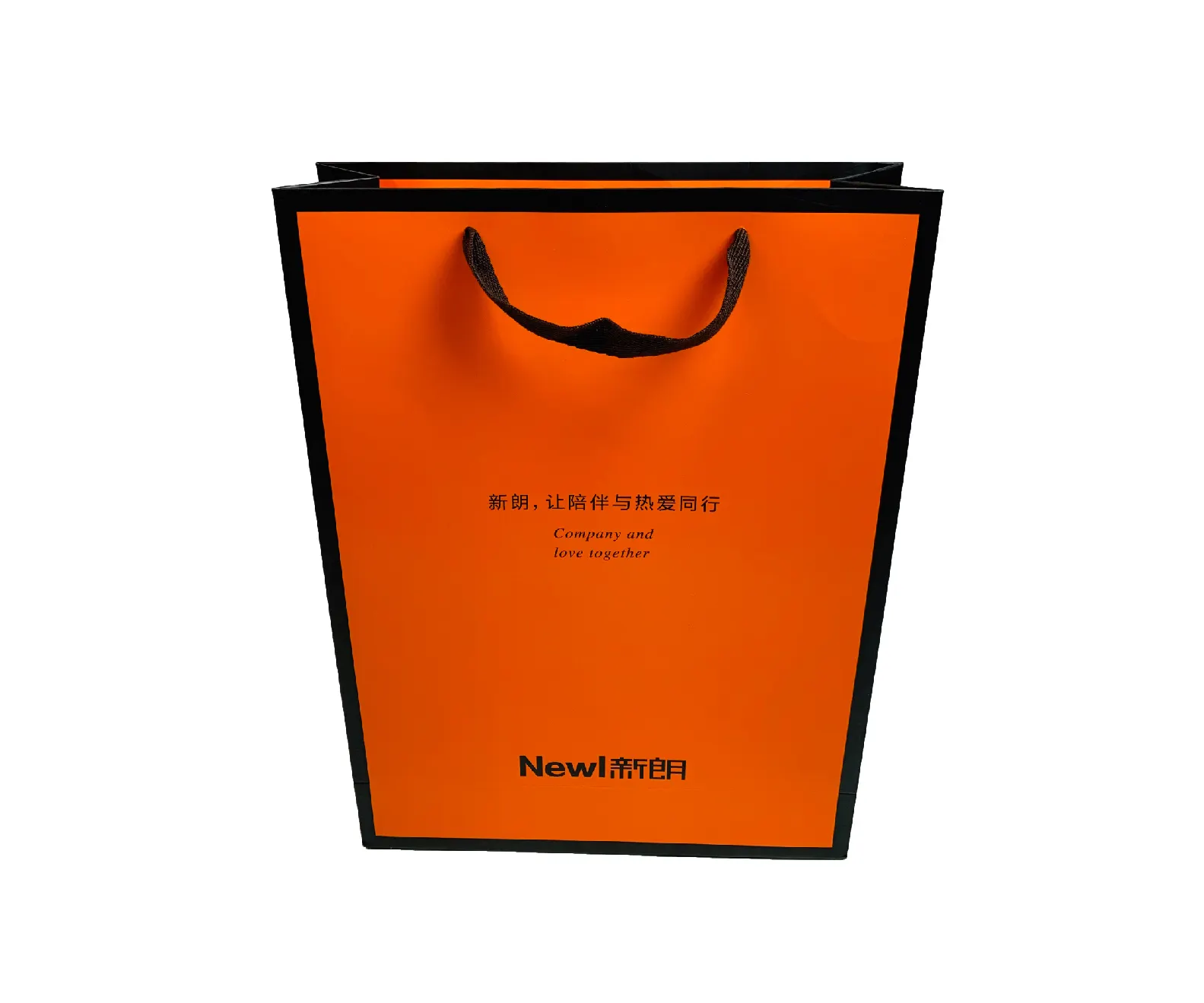 Saco de papel para roupas de marca famosa de luxo, saco de papel laranja reciclável com alça de fita de algodão preta, superfície de impressão deslocada