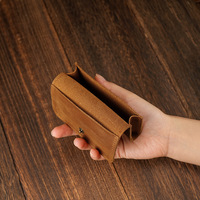 Dompet Kartu Mini Kulit Crazy Horse Vintage 4 Inci dengan Kantong Koin Kancing untuk Pria & Wanita, Tempat Kartu Kredit/Bisnis
