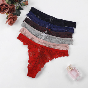Women Floral Lace <b>Thong</b> Underwear Low-Rise <b>Seamless</b> Ultra-Thin Sexy Style Knitted Panties Gray - Product Image 1