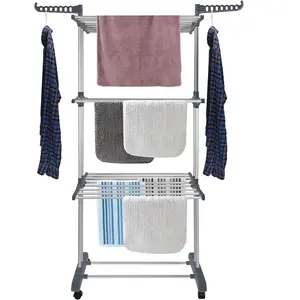 Oversized 4-Tier Foldable Metal Movable Drying Rack with 4 castors 24 Drying Poles & 14 Hooks for Bed Linen and Clothing