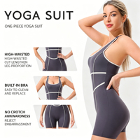 Shorts de sport pour femmes, nouveaux, ajustés, dos élégant, tenue de fitness, coussin de poitrine, respirant, spandex/nylon, col en V, sport d'été