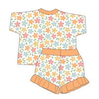 Ensemble d'été pour filles, 2 pièces, haut à manches courtes et short à imprimé floral et rayures, avec décoration en dentelle, costumes pour enfants tendance
