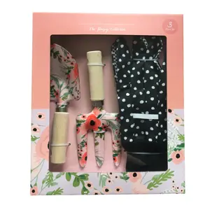 3pcs Metal Floral Printed Garden Tool Sets Including Trowel Fork With Gloves