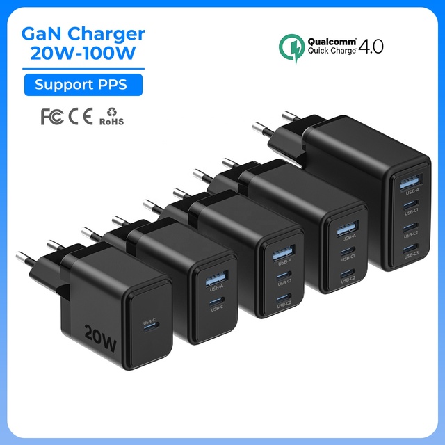 OEM Private Mold GaN Charger Series 20W 30W 45W 65W 100W Multi Port USB C Wall Fast Charger for Laptops Phones CE FCC RoHS