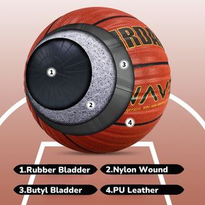 Balón de baloncesto laminado ondulado PU tamaño 5 6 7 en azul y marrón oficial logotipo en relieve personalizado - Product Image 4