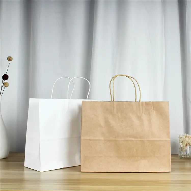 Düz ucuz kahverengi beyaz giyim butik 42*13*31 hediye kolları ile lüks kağıt alışveriş çantası