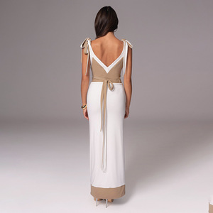 Ensemble robe de soirée décontractée avec haut camisole à col en V, jupe longue fendue et détails à nouer, style color block - Product Image 4