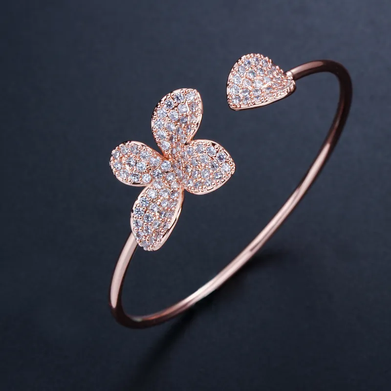 Trendy Adjustable Size Fashion Brand Open Cuff CZ Brass Silver Rose Gold Bangle Bracelet With Flower Jewelry For Women Gift