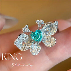 Anillo de Corazón de Plata de Ley S925 con Baño de Oro y Efecto Mariposa Azul Paraiba para Mujer, Joyería Vintage - Product Image 1