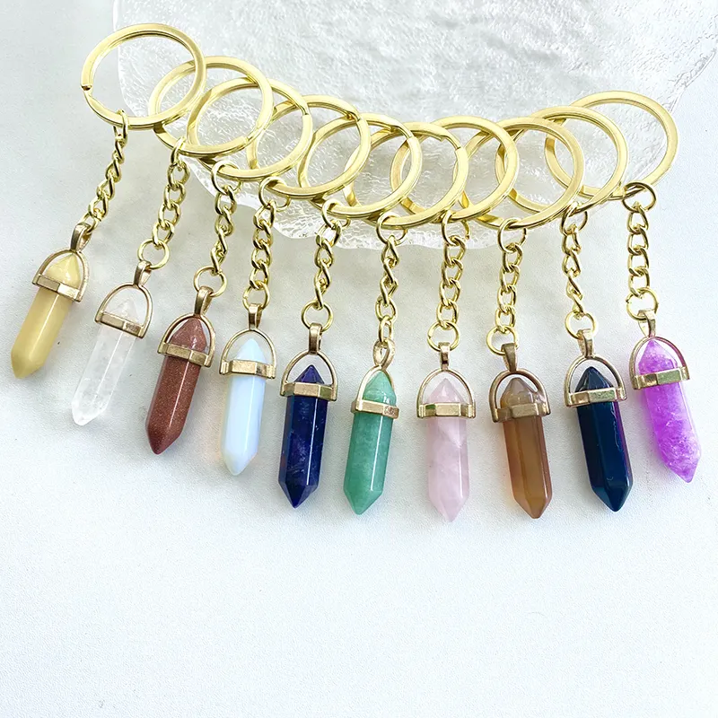 Wholesale Vintage Blank Couple Car Ornament Metal Christmas Small Raw Natural Gemstone and Healing Crystal Stone Keychain