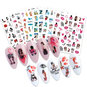 Karikatur rosa Barbie-Figur Druck Nagelkunst Abziehbilder für Mädchen Lippen selbstklebende Nagelkunst-Aufkleber