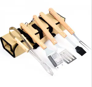 Набор инструментов для барбекю, комплект из 5 предметов из нержавеющей стали с деревянными ручками