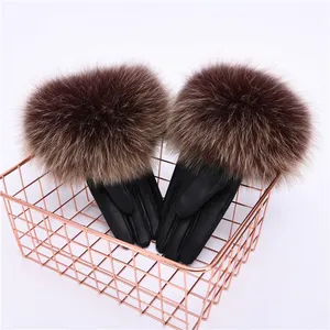 Wholesale <strong>Adult</strong> Real Raccoon Fur Sheepskin Fashion Design Leather <strong>Mitten</strong> Five Fingers Fox Fur Trim Fur Gloves - Product Image 6